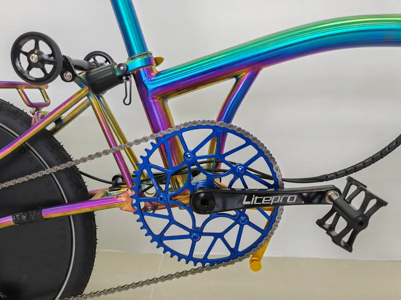 Oil-slick titanium frame with a blue chainring